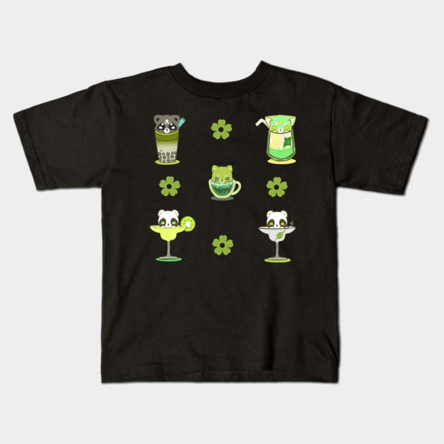 cat racoon boba tea Set Kawaii Drinks Stickers green drinks Kids T-Shirt by astronauticarte